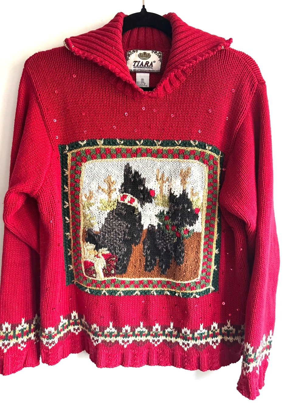 Vintage Tiara International Red Scottie Dog Holiday Turtleneck Sweater